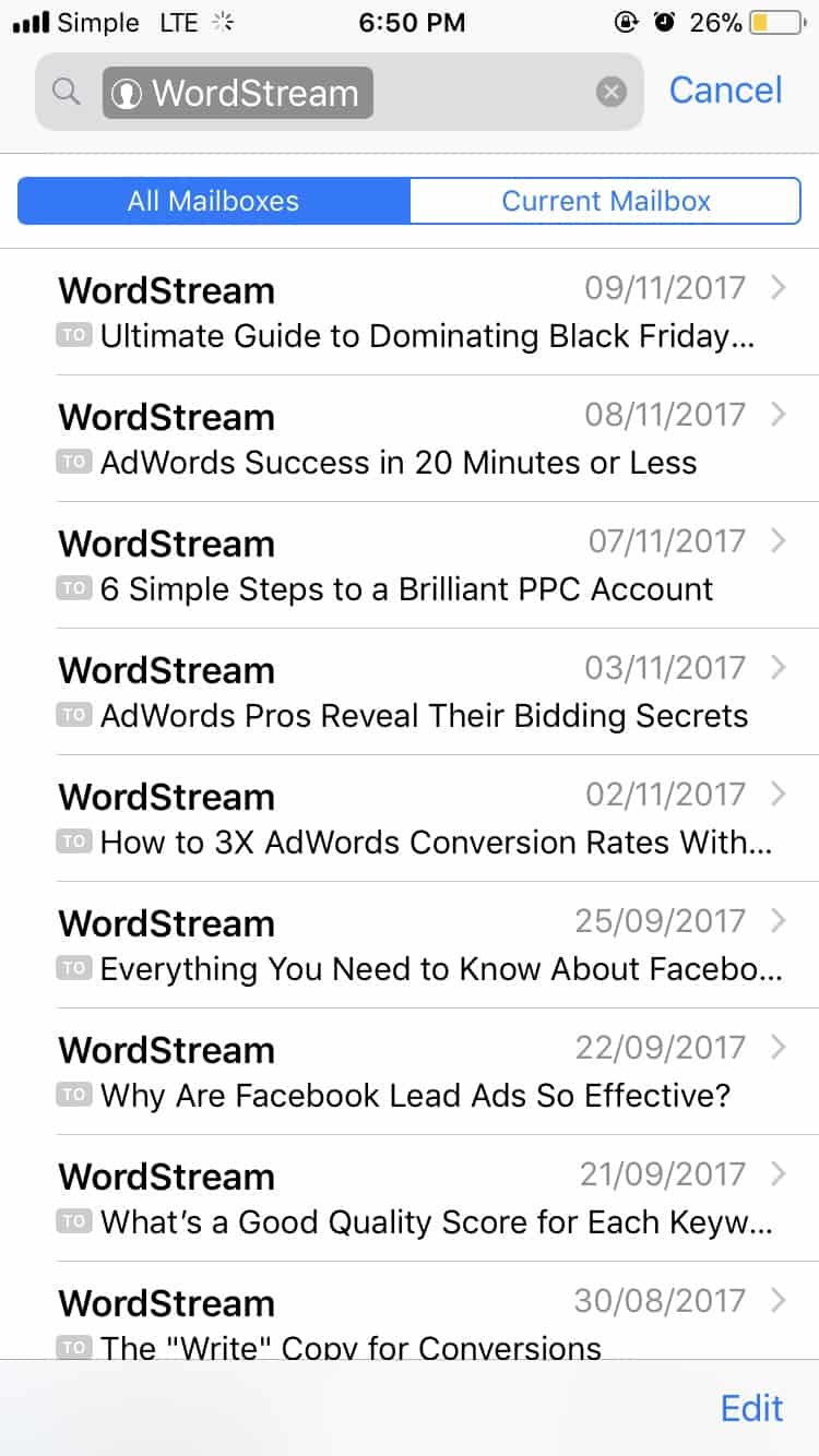 WordStream's newsletter in my inbox, full of worthy content