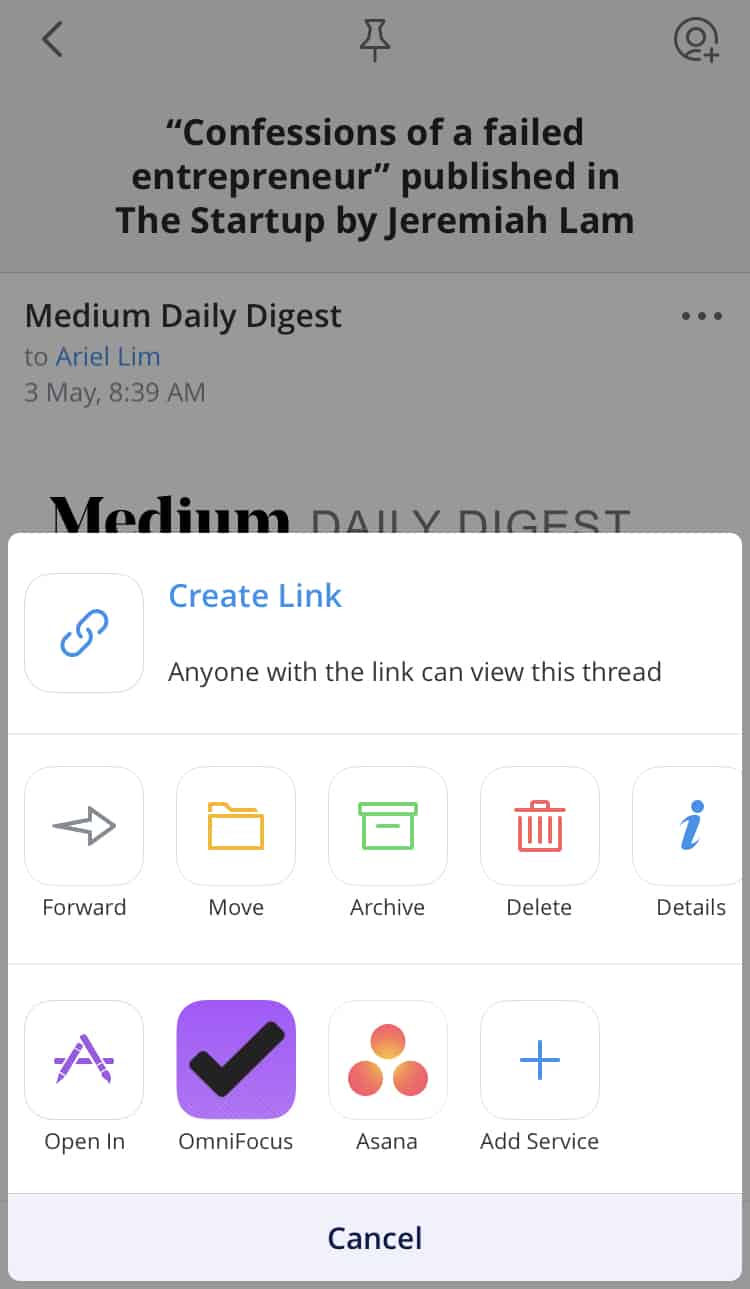 Add task to Asana from Spark Mail by Readdle