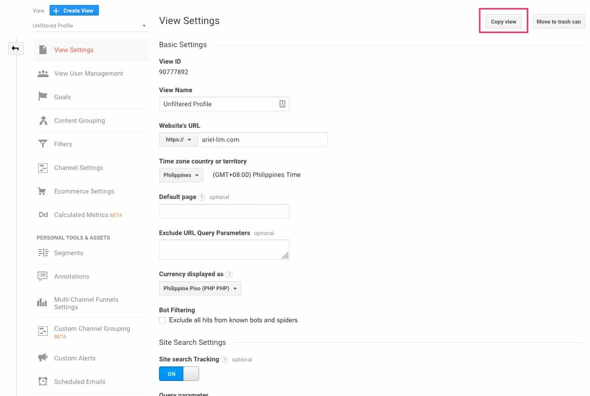 View settings in Google Analytics