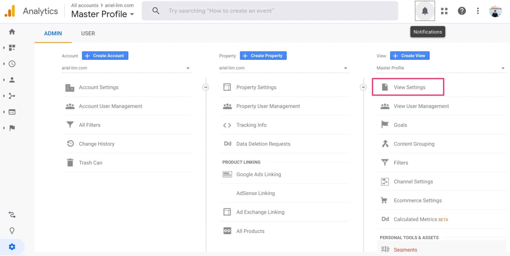 Google Analytics admin section