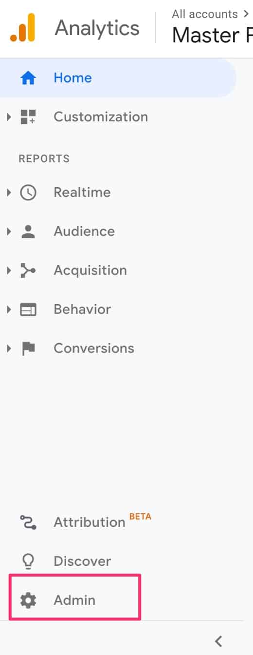 Admin section of Google Analytics