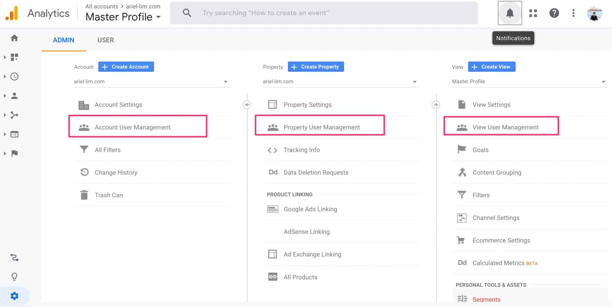 Different user management settings in Google Analytics