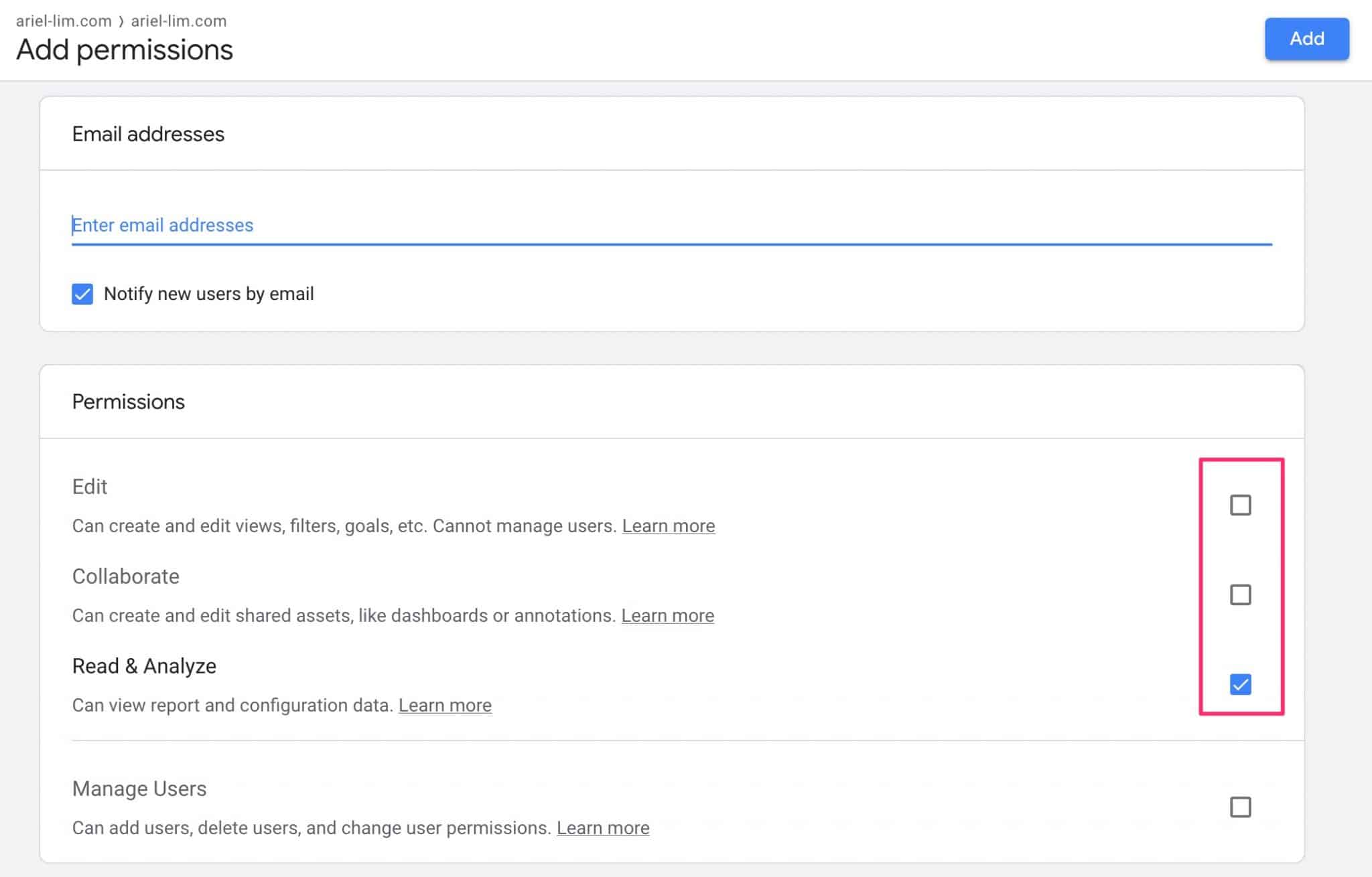 Add permissions to user in Google Analytics