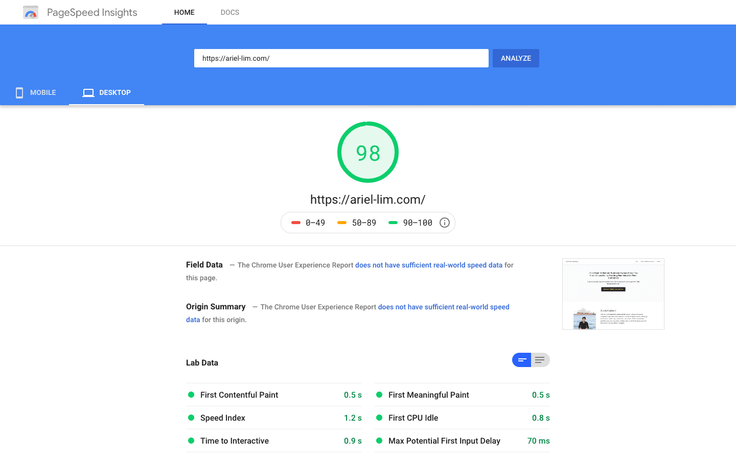 Google PageSpeed Insights - 98 Score on Desktop