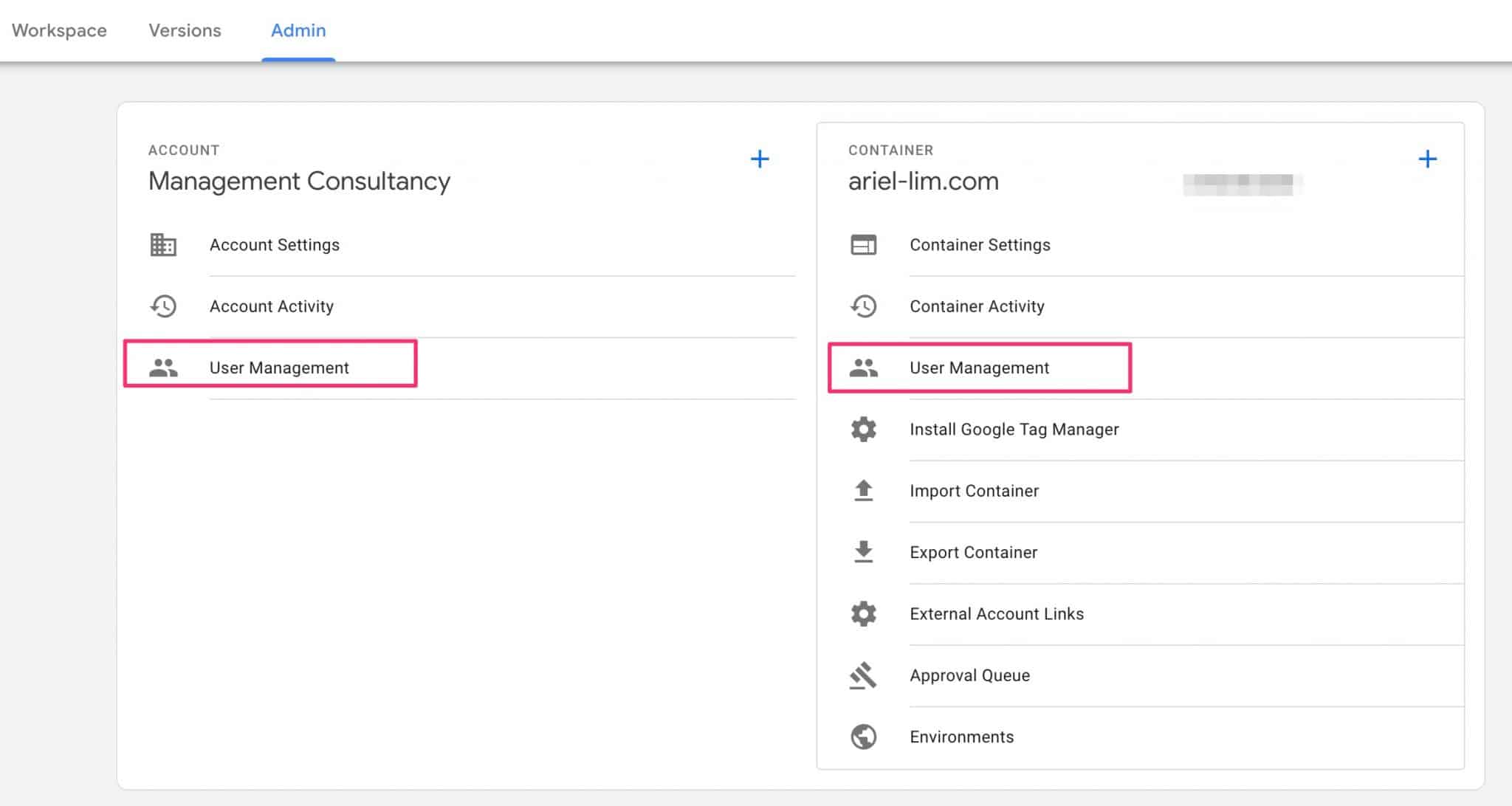 User management settings in Google Tag Manager