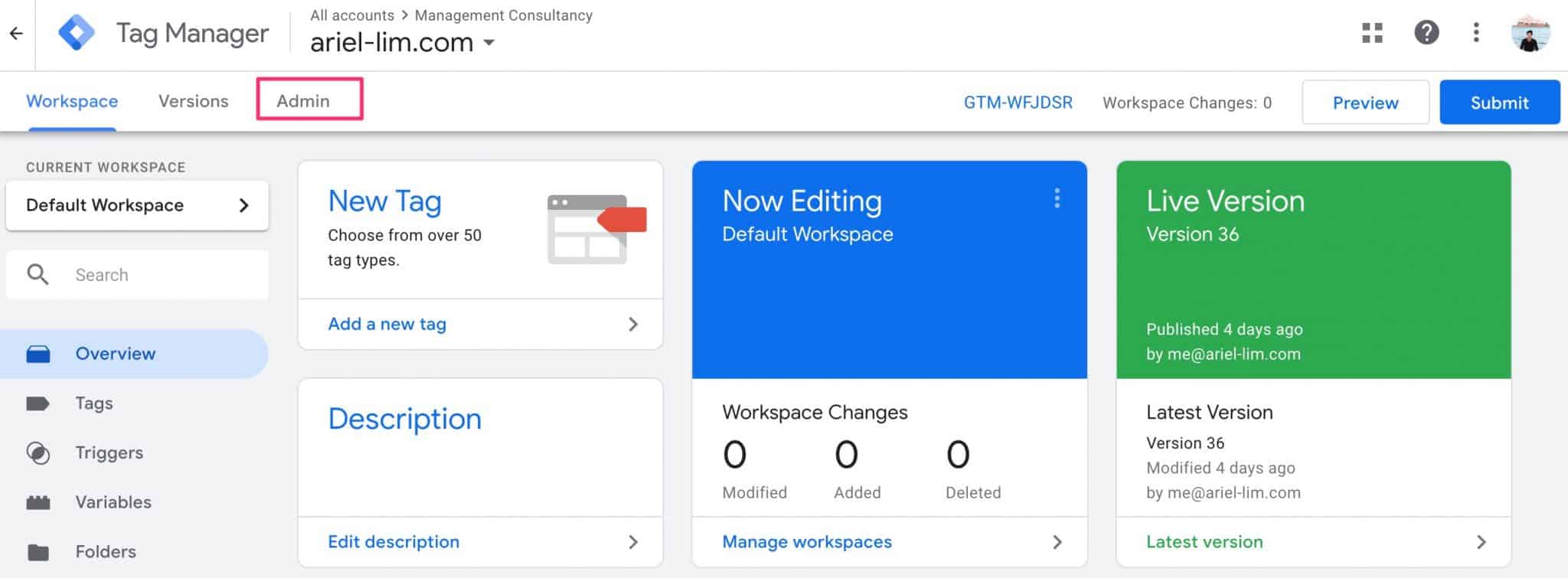 Go to admin section of Google Tag Manager