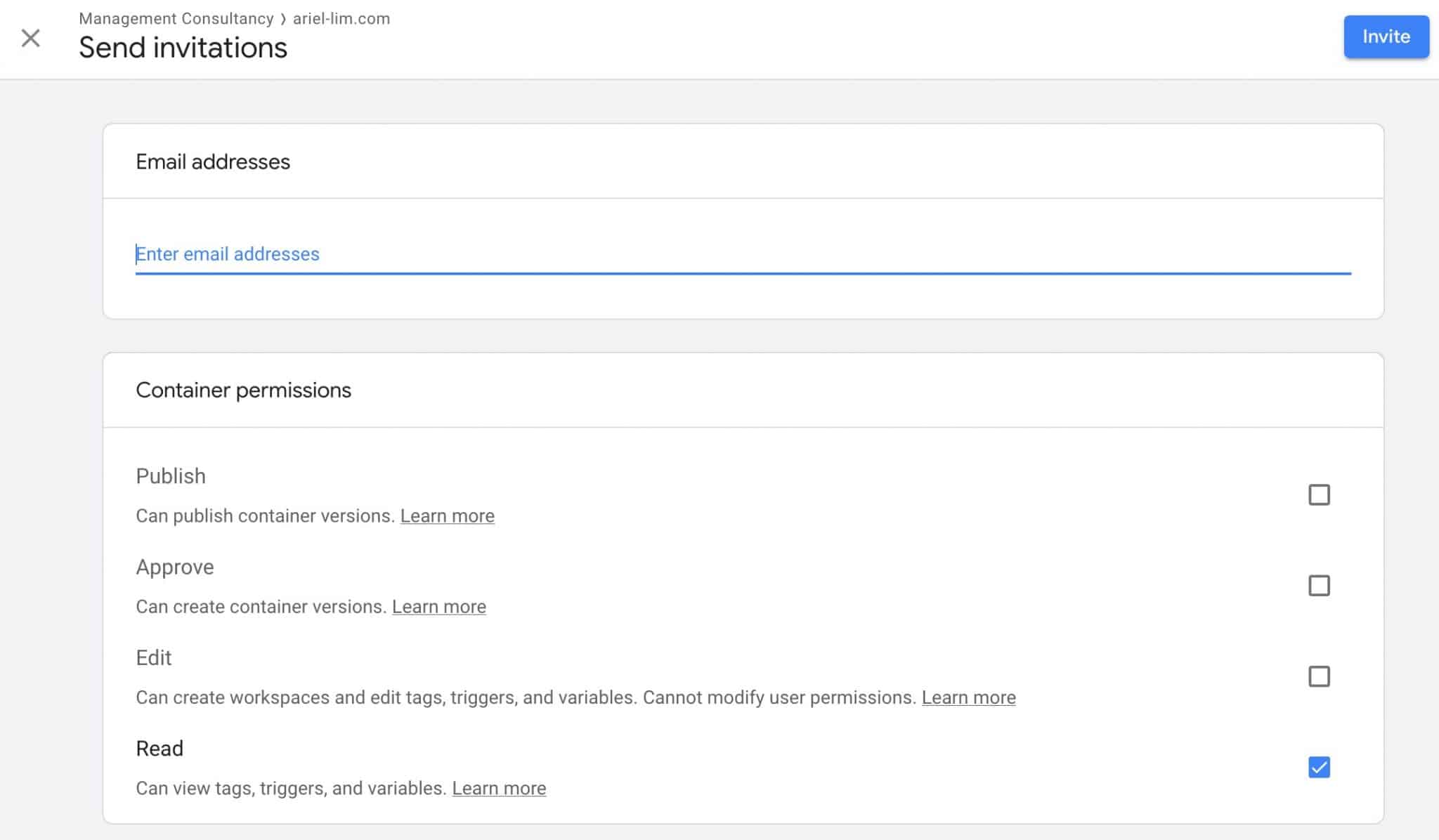 Container permissions inside Google Tag Manager
