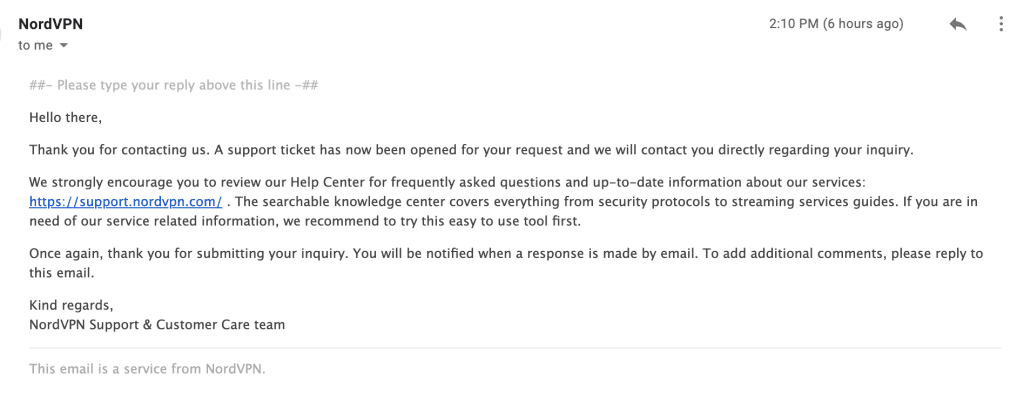 Sample confirmation email from NordVPN