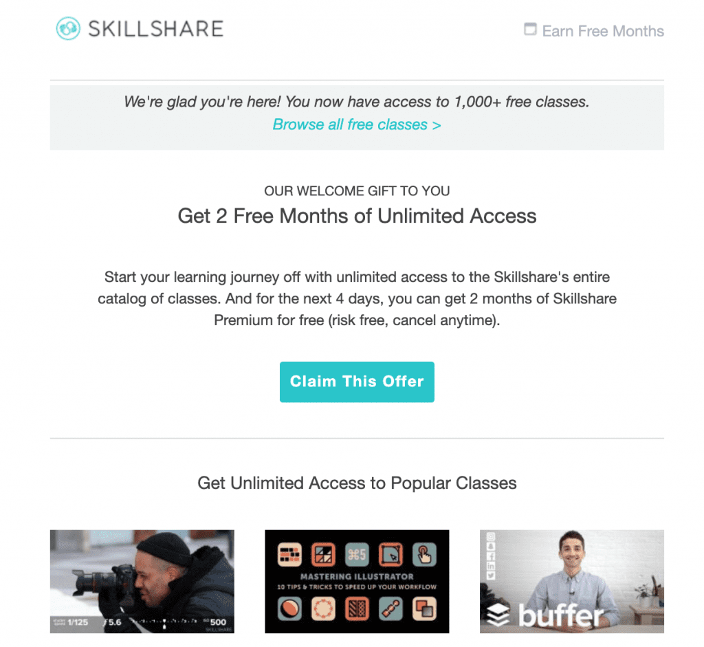 Sample welcome email from SkillShare