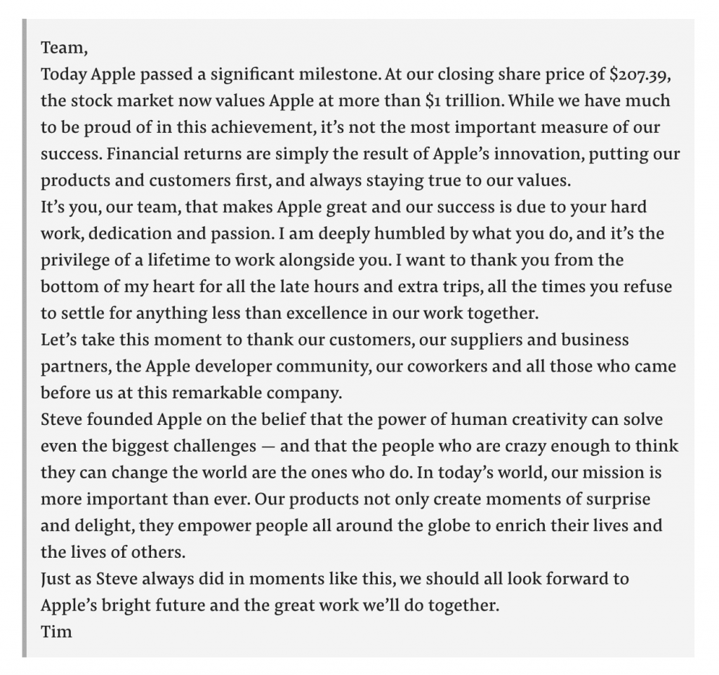 Email of Tim Cook, Apple's CEO, regarding their  trillion milestone