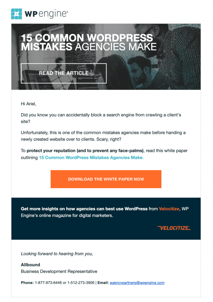 Content announcement email from WP Engine to download a white paper