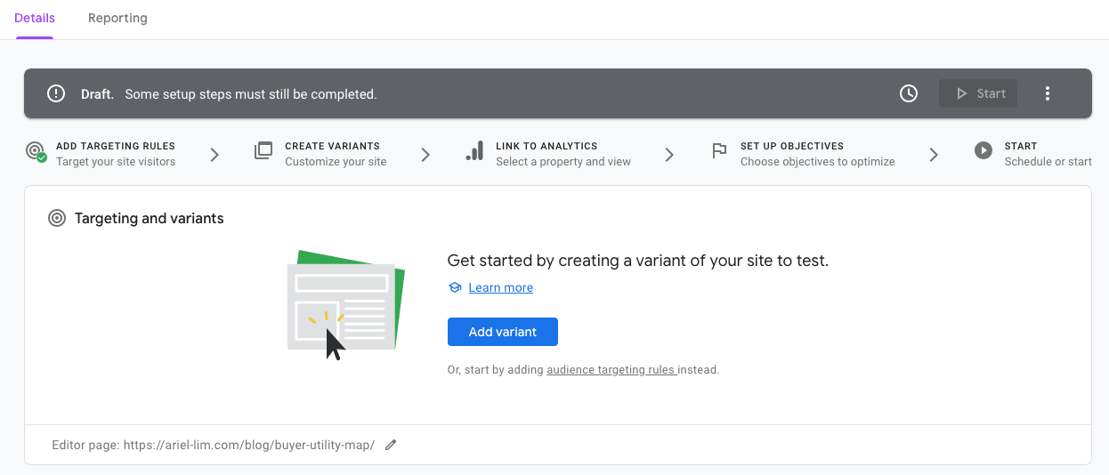 Add a Variant Step in Google Optimize