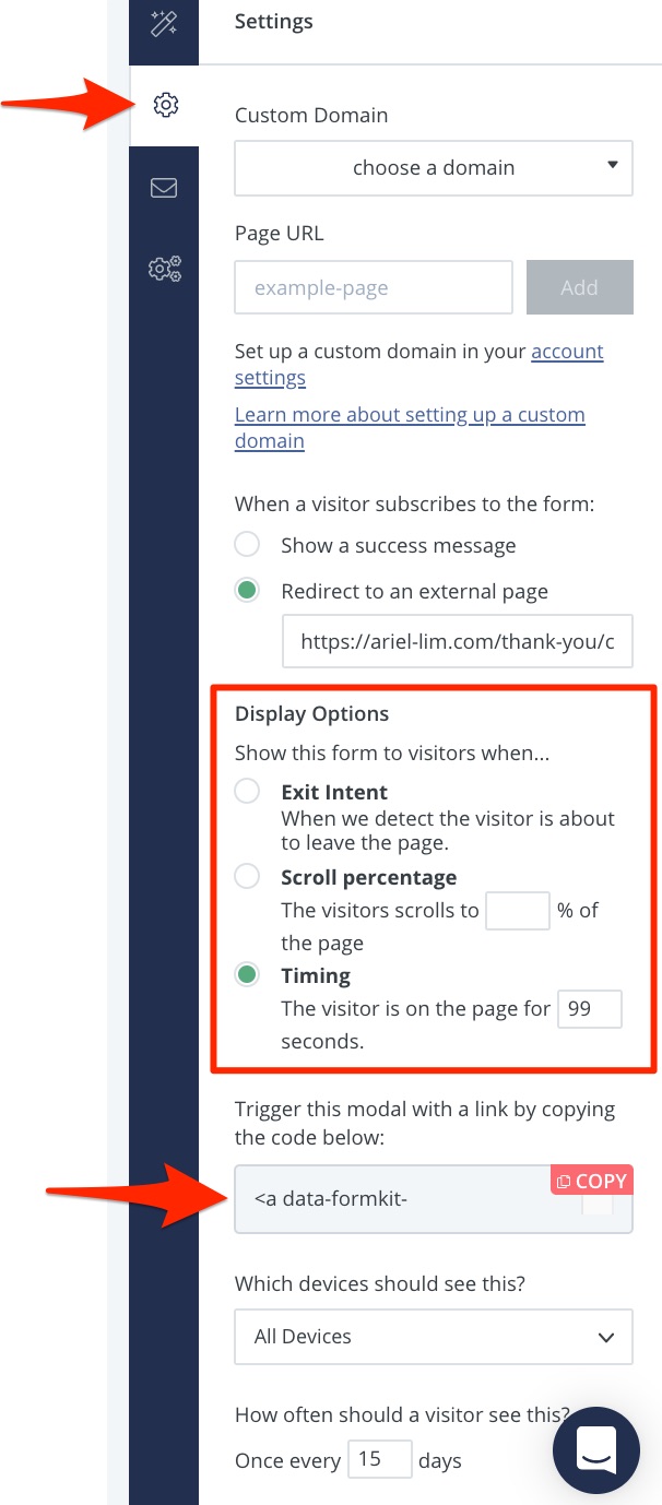 Form Display Options and Trigger in ConvertKit