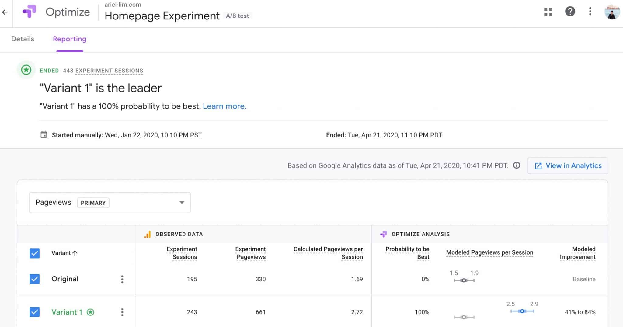 Homepage Experiment Reporting Optimize