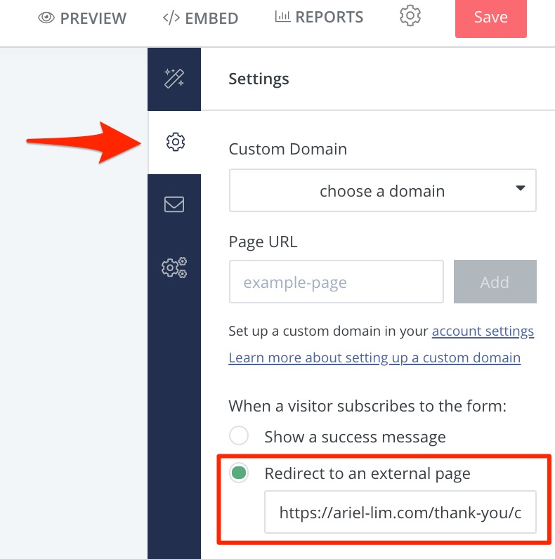 Redirect to an external page ConvertKit