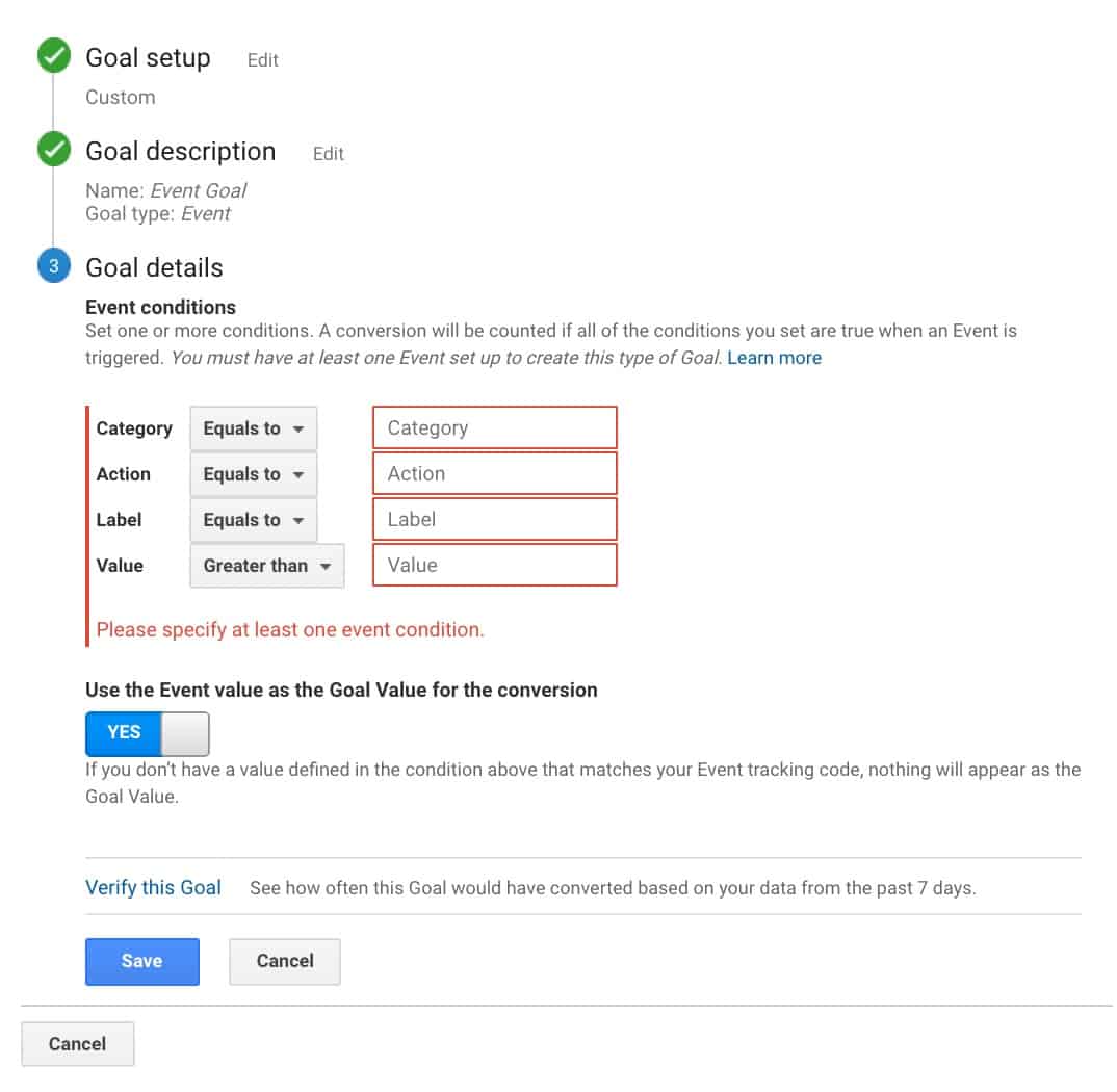Adding Event Conditions for Google Analytics Event Goals