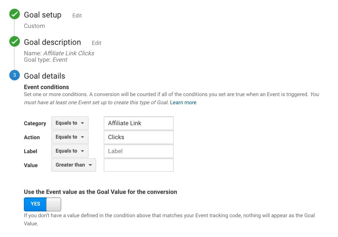 Sample Google Analytics Event Goal for Affiliate Link Clicks