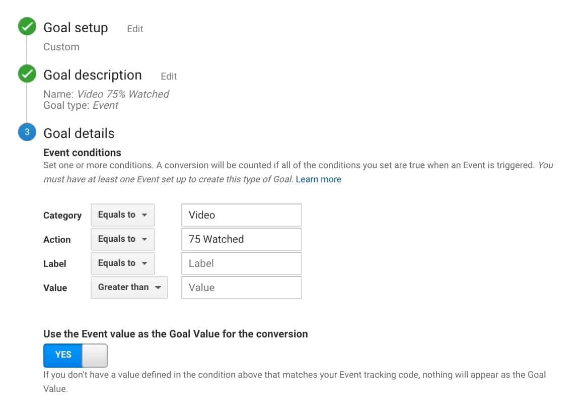 Sample Google Analytics Event Goal for Percentage of Video Watched