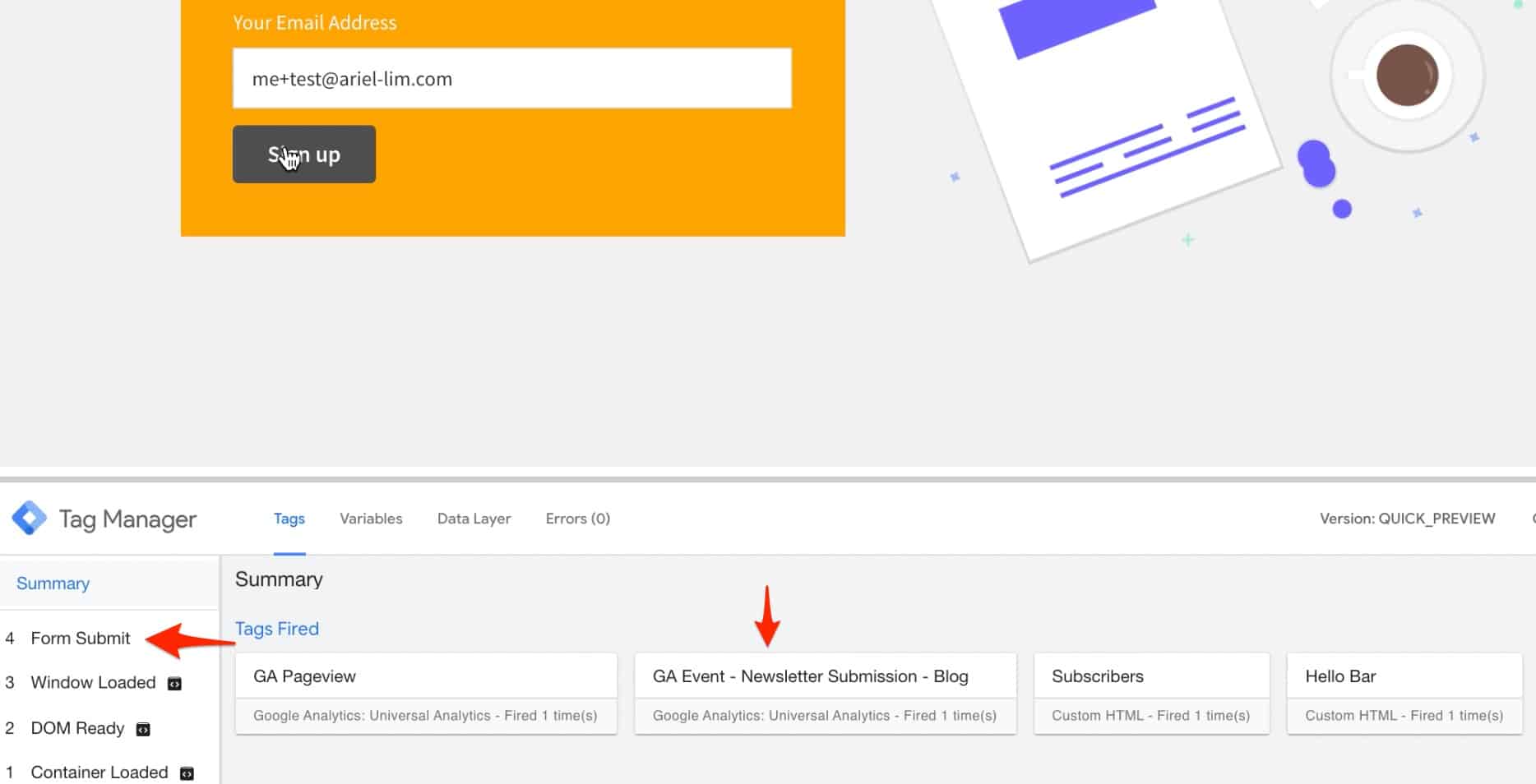 Verify Form Submit Event in Real-time Report in GTM debug