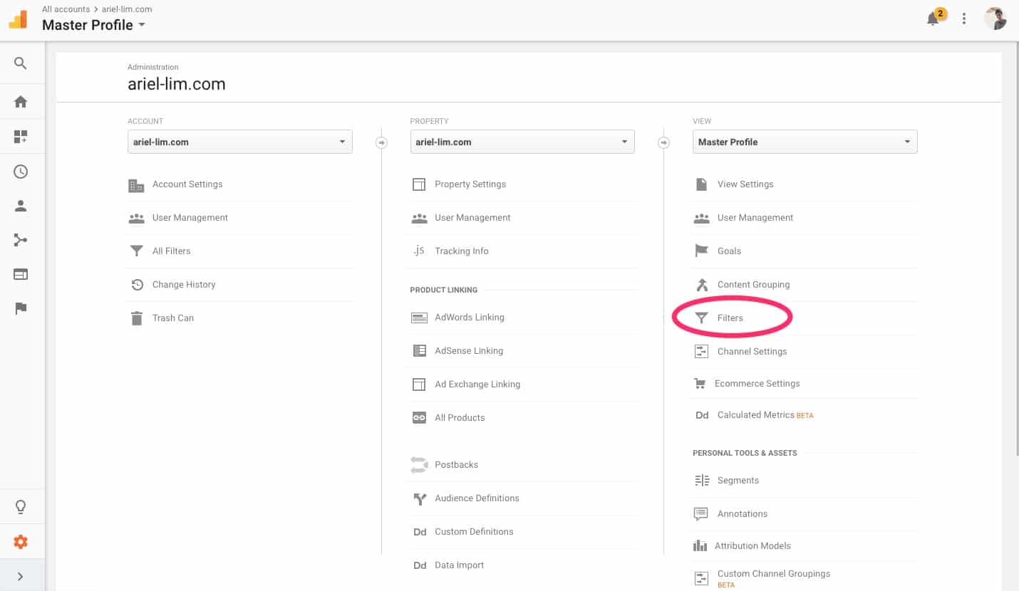 Settings and Admin Section of Google Analytics